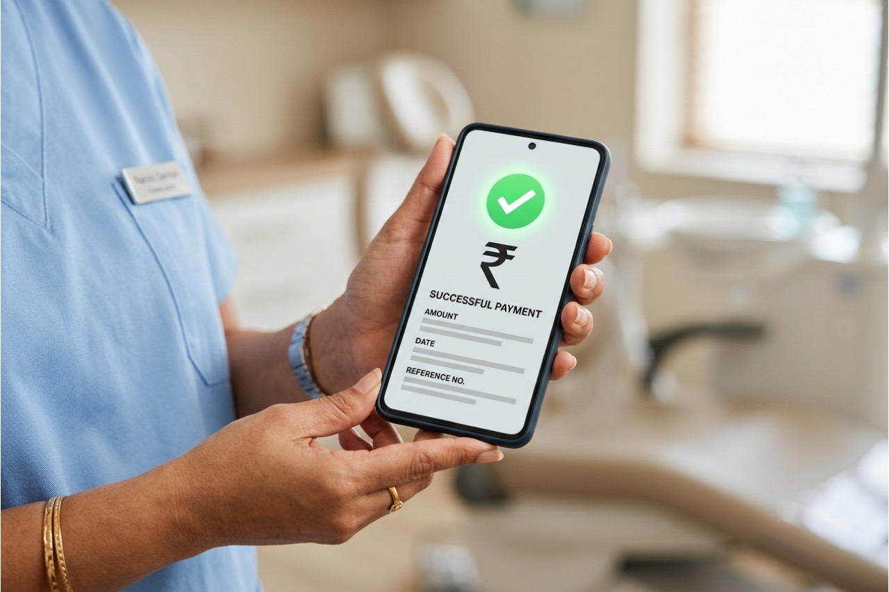 A dentist receiving an online payment